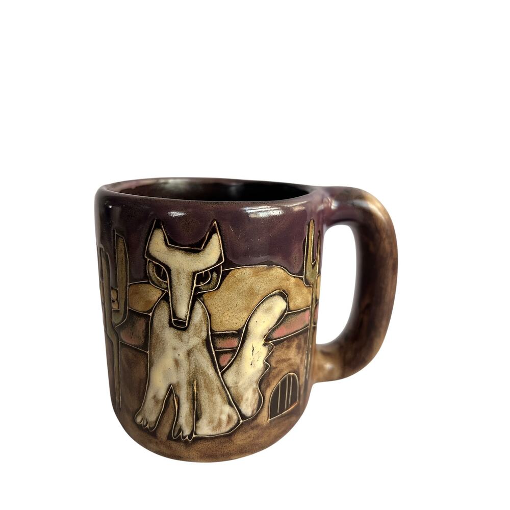 Mara Stoneware Coyote Desert Cactus Mug Mexico Collectible 16 oz. Hand Painted